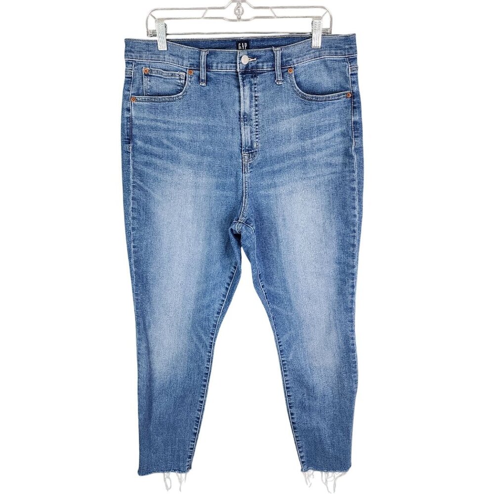 Womens Gap Denim Blue Capri Jeans Raw Hem True Skinny Hi Rise Med Wash Size 16